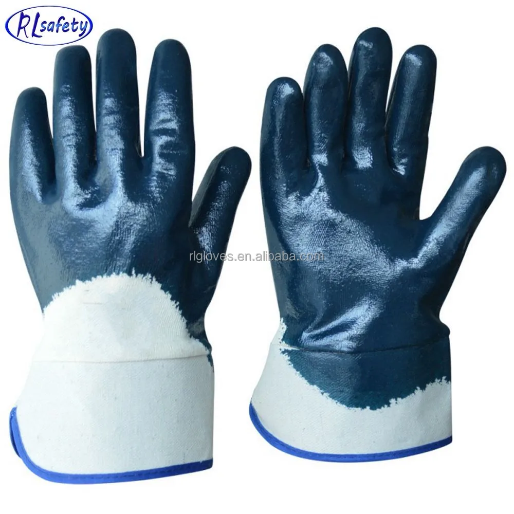 RUNLEI SAFETY double dipped chemical resistant Blue Nitrile industrial Smooth Full CoatedWhite Polyester work Glove
