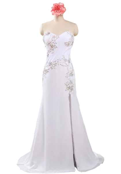 Sweetheart Chiffon Ruffled Crystal Beaded White Mermaid Prom Dresses Long Dress With Slit Crystals Formatura Vestido,PD034