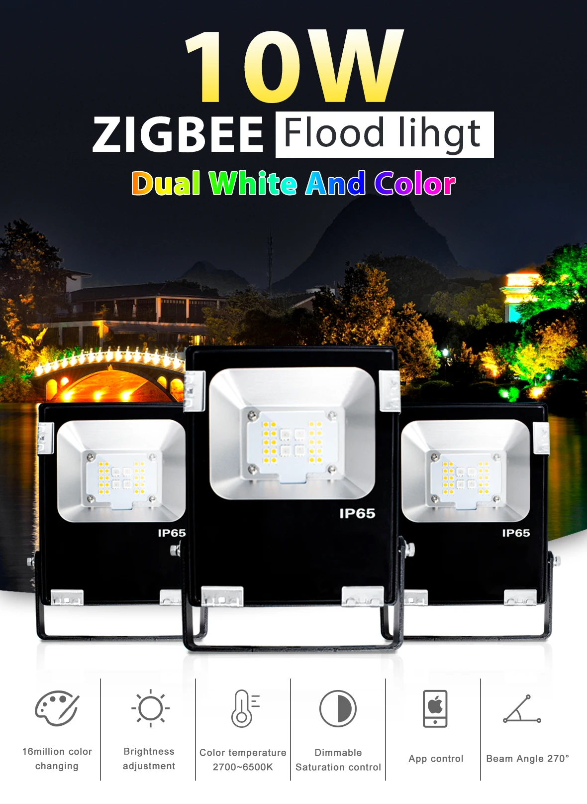 Gledopto zigbee gateways ip65 waterproof 10W led floodlight with remote/voice/remote control hot selling in Amazon - ANKUX.COM