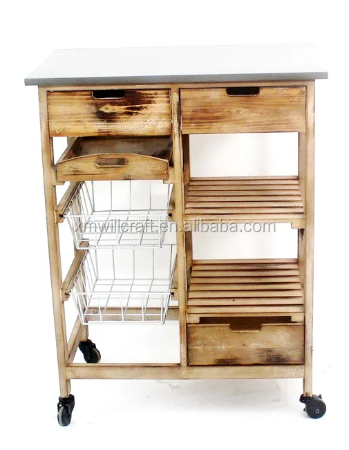 <strong>kitchen</strong> wooden trolley with basket and tray   drawers food