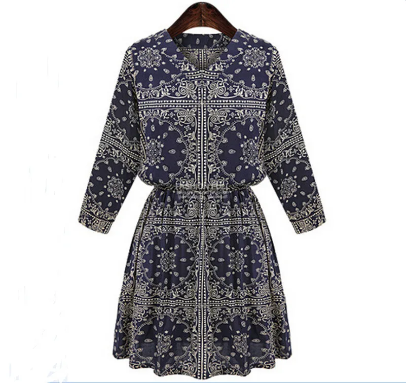 New 2015 Autumn Women Dress Summer Ethnic Printing Long Sleeve Casual Dresses Retro Chiffon Vestidos Plus Size XXXL 4XL 5XL