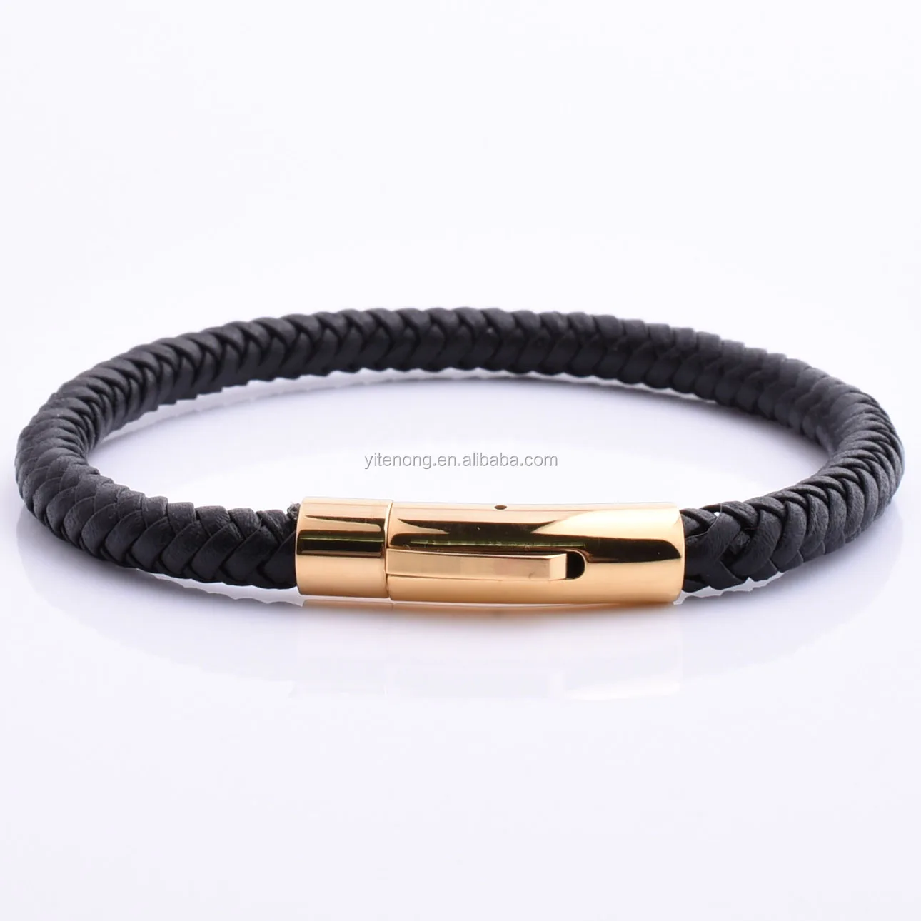 Good Quality Men 316L Stainless Steel Metal Clasp Flat Black Leather Bracelet