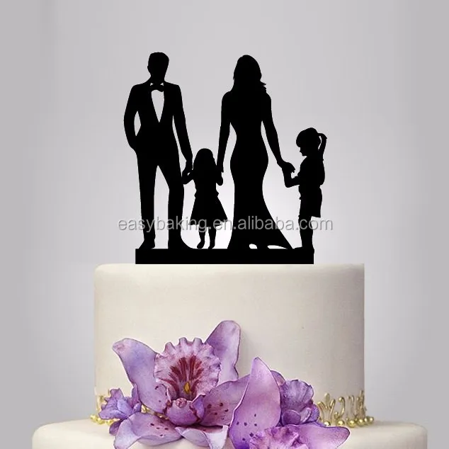 ECT-019 family wedding cake topper with two little girl, wedding silhouette cake decor, rustic cake topper, funny wedding cake decor, acrylic topper.jpg