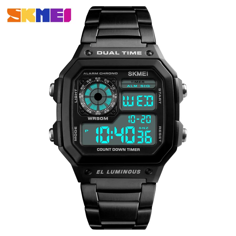 Skmei 1335 new trendy luxury chrono dual time watch stainless steel men sport digital watch 50m waterproof