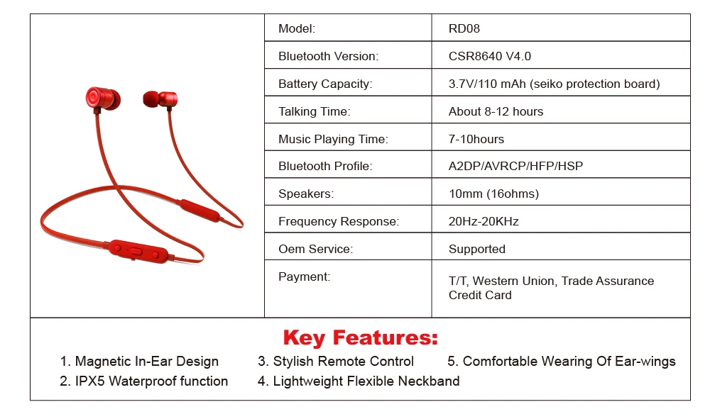 Waterproof Noise Cancelling headphone& earphones 2018 new V4.1 bluetooth Sweatproof headset RD08 - ANKUX.COM