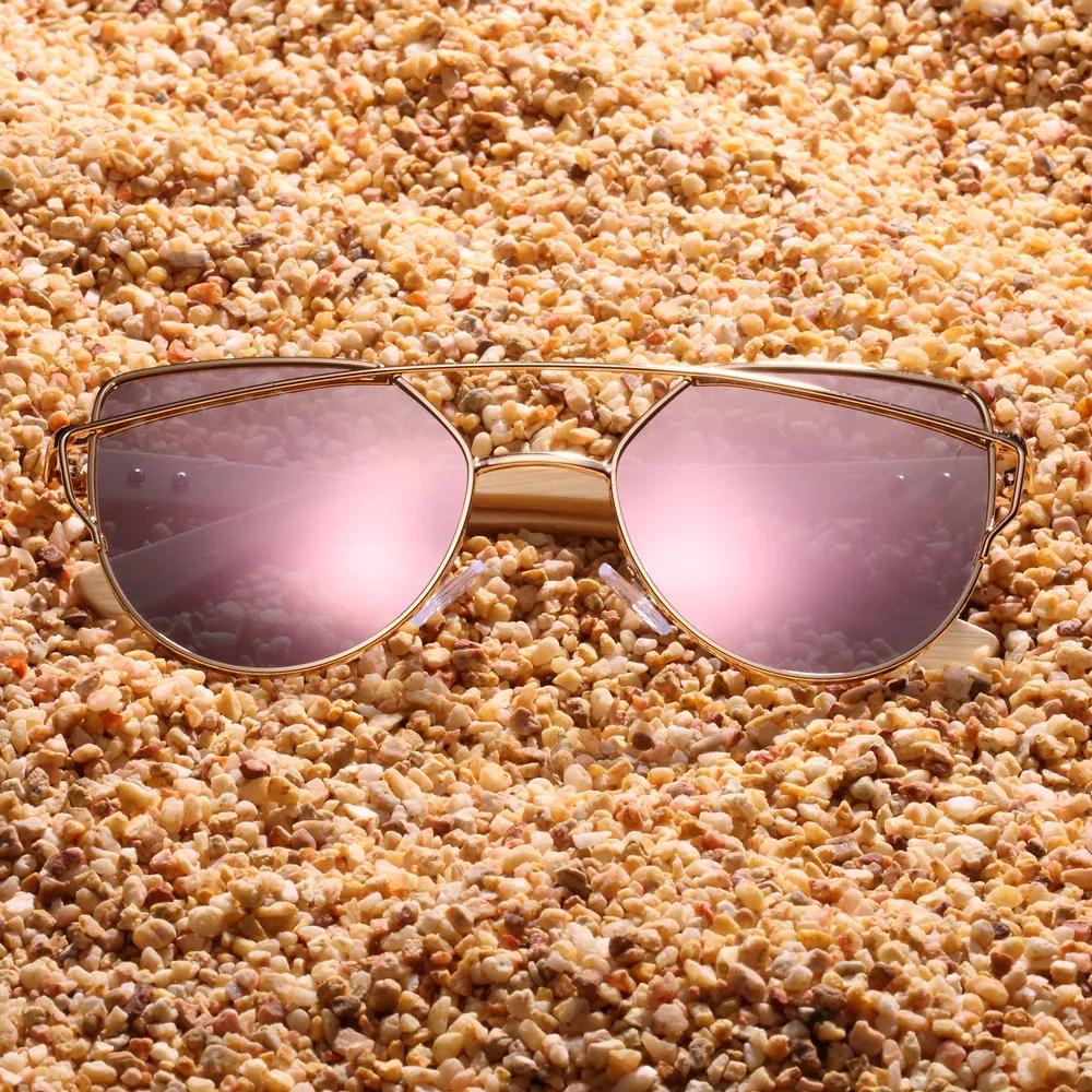 BARCUR Bamboo Cat Eye Sunglasses Polarized Metal Frame Wood Glasses Lady Luxury Fashion Sun Shades With Box