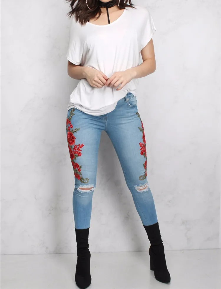 Royal Wolf Denim Jeans Manufacturer Blue Stretch Denim Red Flower Women