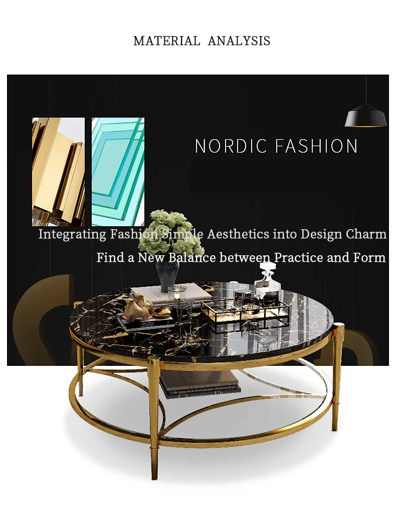 Luxury Modern Round  Stainless Steel Base Golden Color Tempering Marble Top Coffee Table for Living Room
