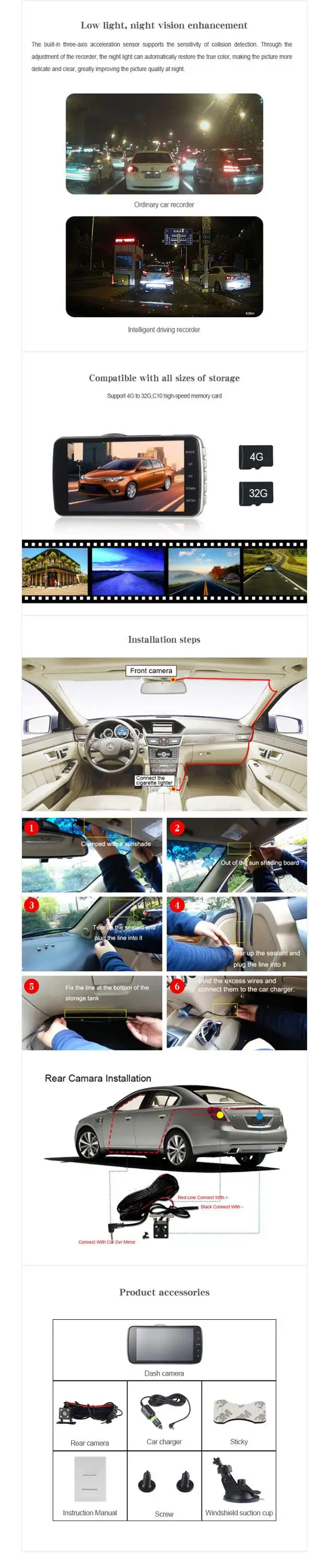 Display 4 Inch Double Camera Night Vision Dash Camera 170 Wide Angle Camera Car Dvr