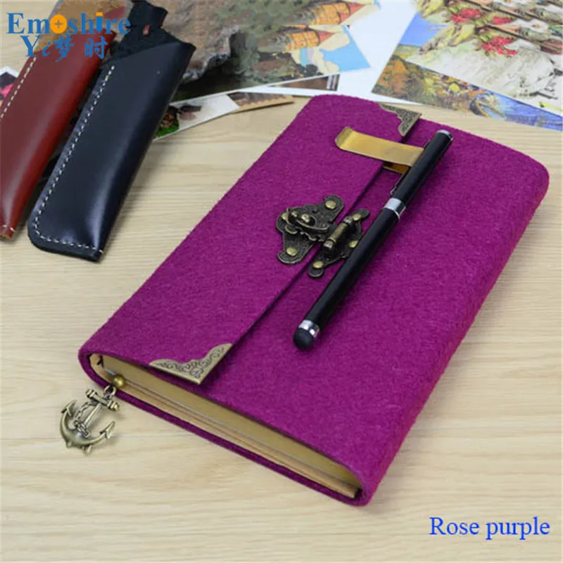 Emoshire Vintage felt creative handbook booklet password notebook notepad with lock diary kraft paper sketching book (9)
