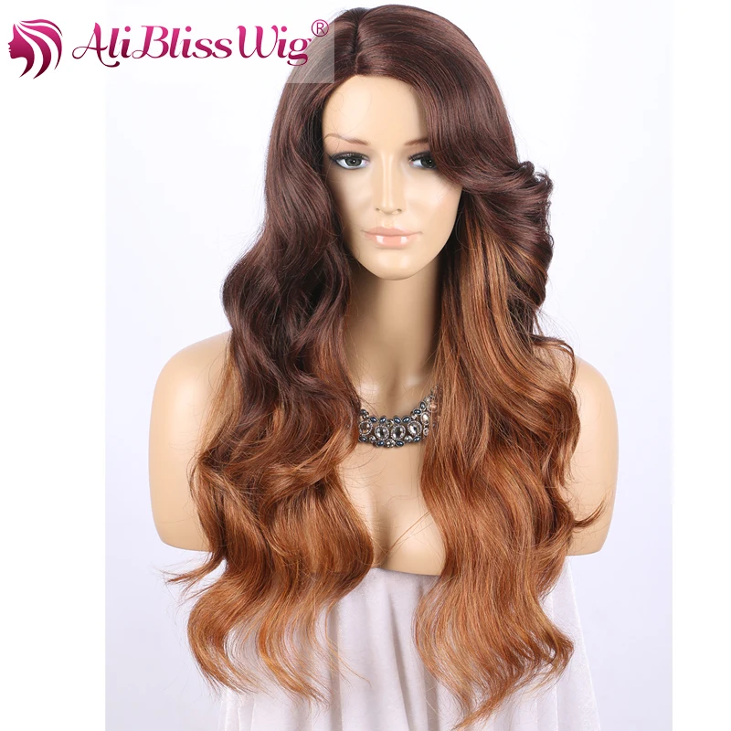 

Long Wavy Heat Resistant Fiber Hair Auburn Brown Blonde Highlight Right Side Deep Parting Synthetic Lace Wig with Side Bang