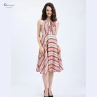 Manufacturer Small Orders Backless Striped Pattern Midi Silk Chiffon Dress