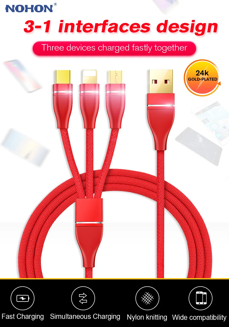 New Arrival High Quality Braided Durable 2.4 A Usb Cable for Iphone X 3 in 1 Fast Charging Phone Cable - ANKUX.COM