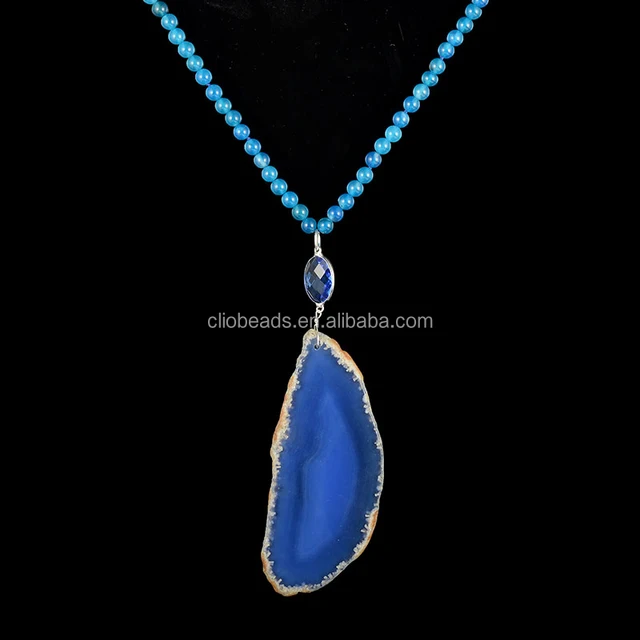 cj01781 agate beads and blue agate slabs pendant jewelry chain