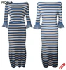 Women's Flare Sleeves Strips Long Knit Skirt Suits