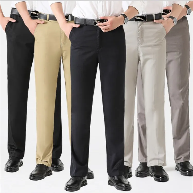 

2019 middle-aged and old men's trousers cotton thin style men's high waist straight tube long trousers casual pants, Light grey, navy blue, khaki, smoky grey, black