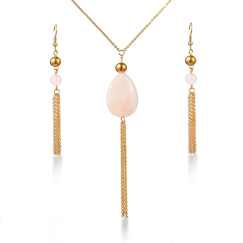 BAOYAN Handmade DIY Rose Quartz Natural Stone Gold Plated Chain Tassel Necklace Earrings Stainless Steel Jewelry Set
BAOYAN Handmade DIY Rose Quartz Natural Stone Gold Plated Chain Tassel Necklace Earrings Stainless Steel Jewelry Set