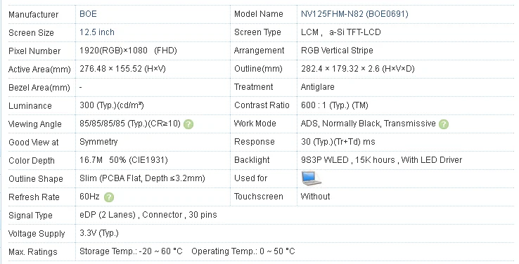 1920x1080 가득 차있는 HD LCD 스크린 12.5 인치 호리호리한 F에 의하여 지도되는 FHD 노트북 전시 NV125FHM-N82