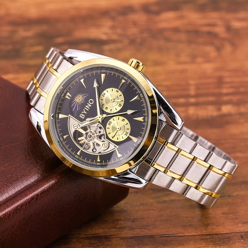 2019 hot selling BYINO men's stainless steel band automatic mechanical watch, Silver/gold
2019 hot selling BYINO men's stainless steel band automatic mechanical watch, Silver/gold