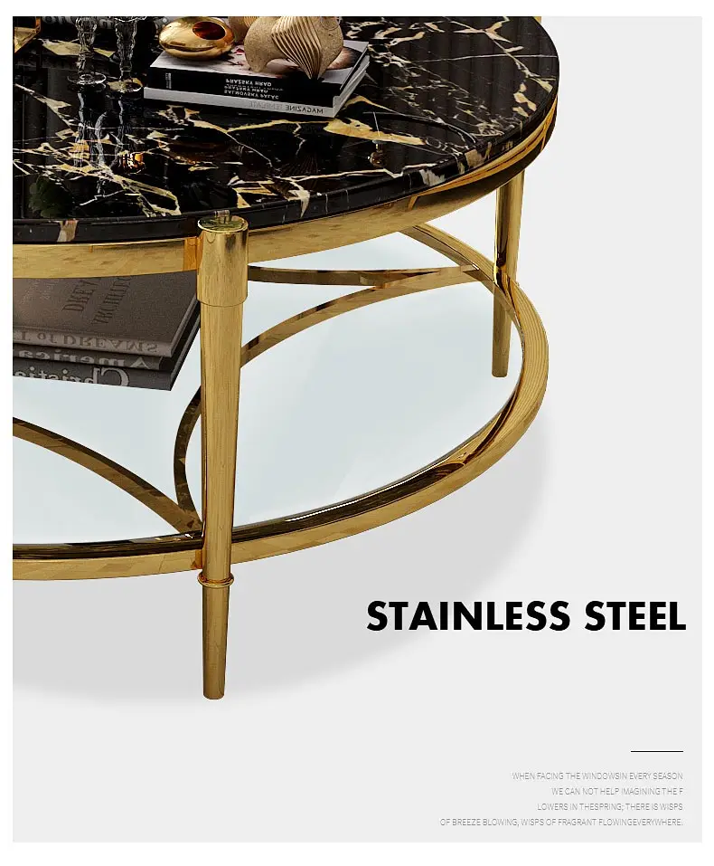 Luxury Modern Round  Stainless Steel Base Golden Color Tempering Marble Top Coffee Table for Living Room