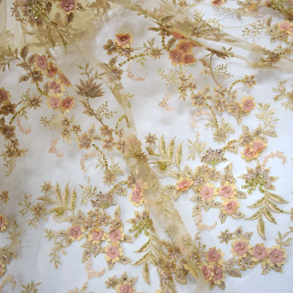 Gold beaded lace beautiful sequins french 3d small flower lace tulle fabric HY0935-1
Gold beaded lace beautiful sequins french 3d small flower lace tulle fabric HY0935-1
