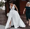 Elegant Satin Beach Casual Wedding Dress Bridal Party Dresses With Sexy Deep V Neck Modern Split 2019