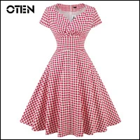 OTEN-Tartan-Clothing-Women-Cap-Sleeve-Plaid-Ploka-Dot-Printed-Vintage-Retro-50s-60s-pin-up