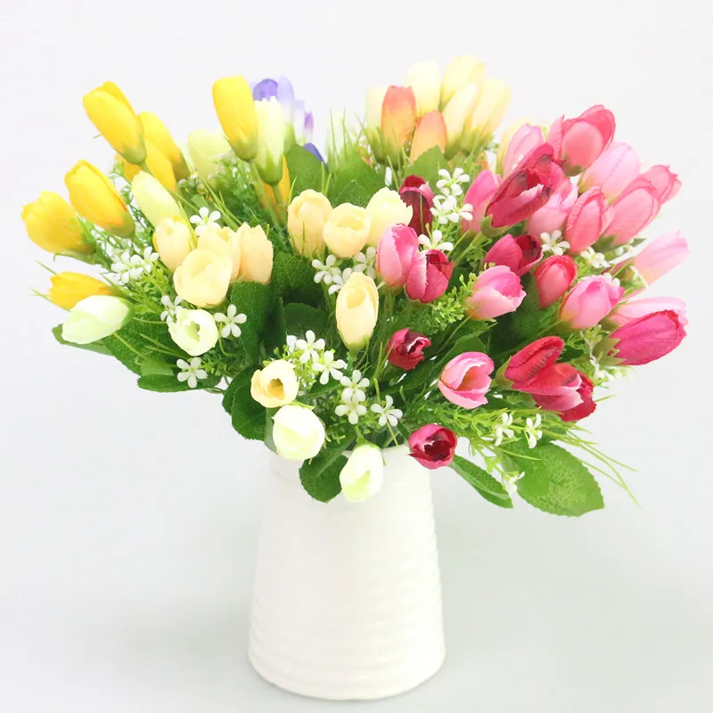 Flone 15 Heads Mini Artificial Tulips Bouquet Silk flower DIY Wedding Home Decorative Wreath Fake Decorative Florals (1)