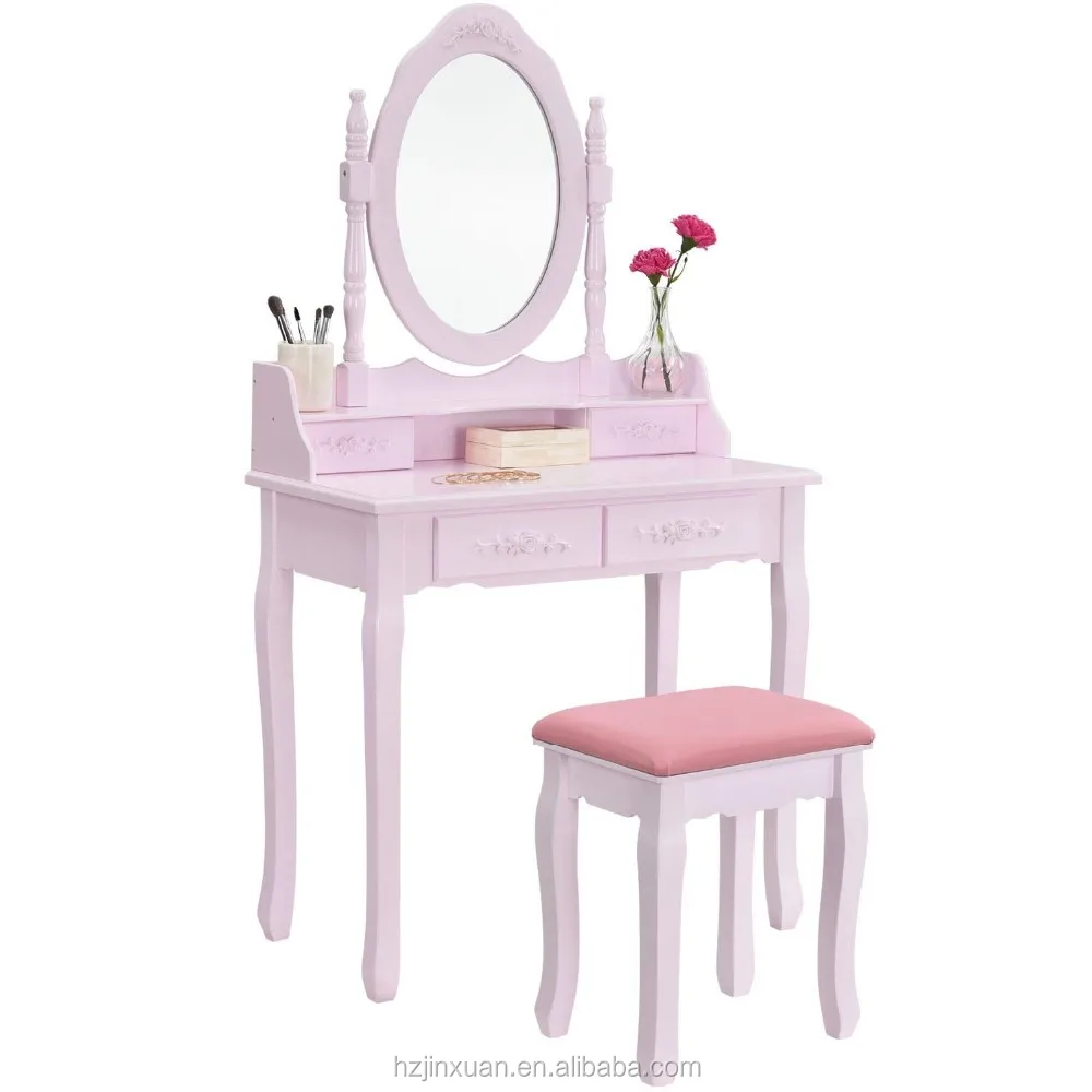 Wholesale Stylish European Small Bedroom Kids White Wooden Dressing Table With Mirror And Stool Pink Simple Modern Design Buy Wooden