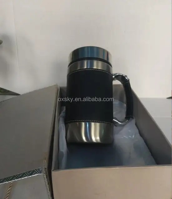 gift box stainless steel vacuum coffee mug with leather sleeve