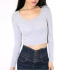 Women Girls Fashion Scoop Neck Tights Slim Fit Plain Crop Long Sleeve T shirt