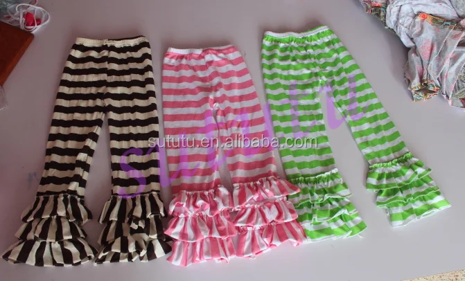 High quality little girls fall triple ruffle leggings girls stripe pink multicolored leggings winter wear knit cotton carpi pant