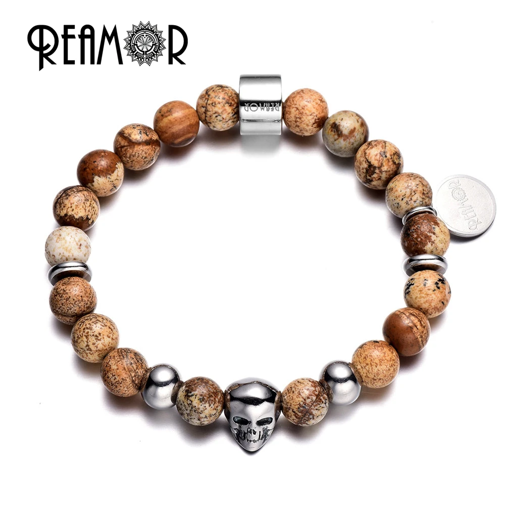 REAMOR New Arrival Natural Picture Stones Beads with 316l Stainless Steel Skull Beads Stretch Energy Bracelets for Men Jewelry
REAMOR New Arrival Natural Picture Stones Beads with 316l Stainless Steel Skull Beads Stretch Energy Bracelets for Men Jewelry