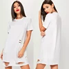 100 cotton fabric for t-shirt clothing women plain white round neck long t-shirt dress with broken hole and pocket