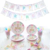 115pcs Unicorn Party Supplies Metallic Plates Straws Cups Cutlery Birthday Banner Unicorn Headband Birthday Favors For Kids