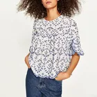 Kimono Blouse Women Tops Vintage Blue And White Embroidery Ruffles Shirt Women Tops Loose Clothing STb-0930