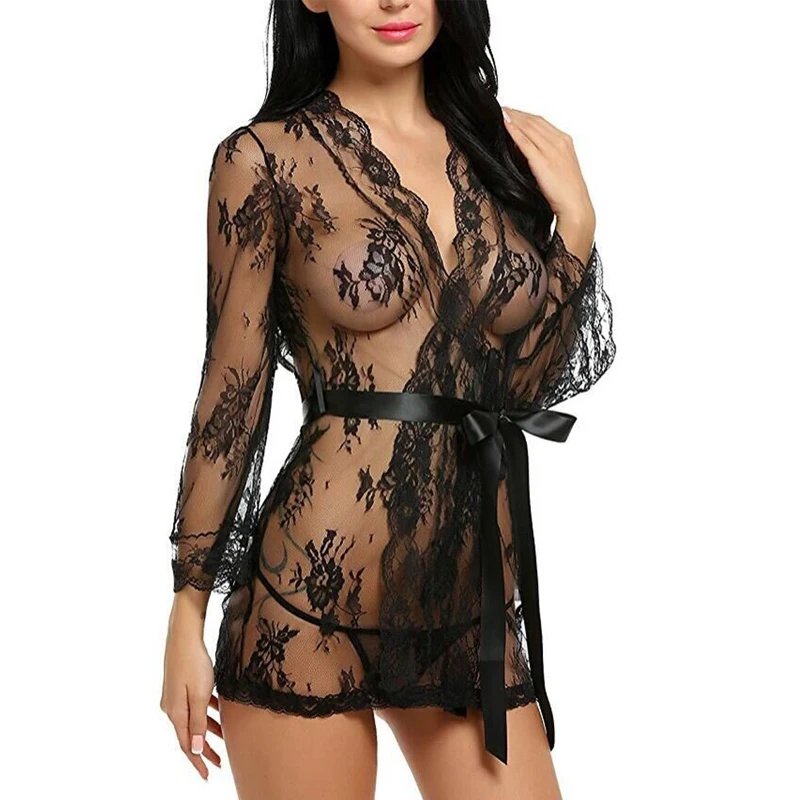

New Style Ladies Floral Lace Sleepwear Kimono Robe Babydoll Lingerie Embroidery Sheer Mesh Sexy Nightgown Woman, Required