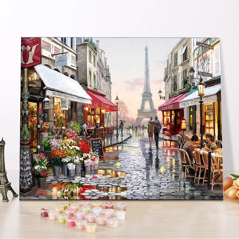 CHENISTORY DZ1009 живопись по номерам холст Париж цветок улица картины маслом в рамке foe Оптовая Продажа