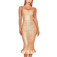 

2019 New Style Gold Bandage Strapless Fluted-hem Dress Bronzing Bodycon Party Dress