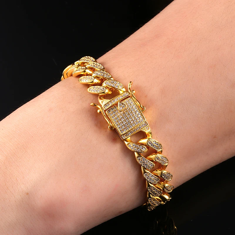 

12MM Box Lock Diamond Bracelet 18K Gold Cuban Link Bracelet Fully Iced Out Real Hop Fashion Jewelry Bling Jewelry, Picture