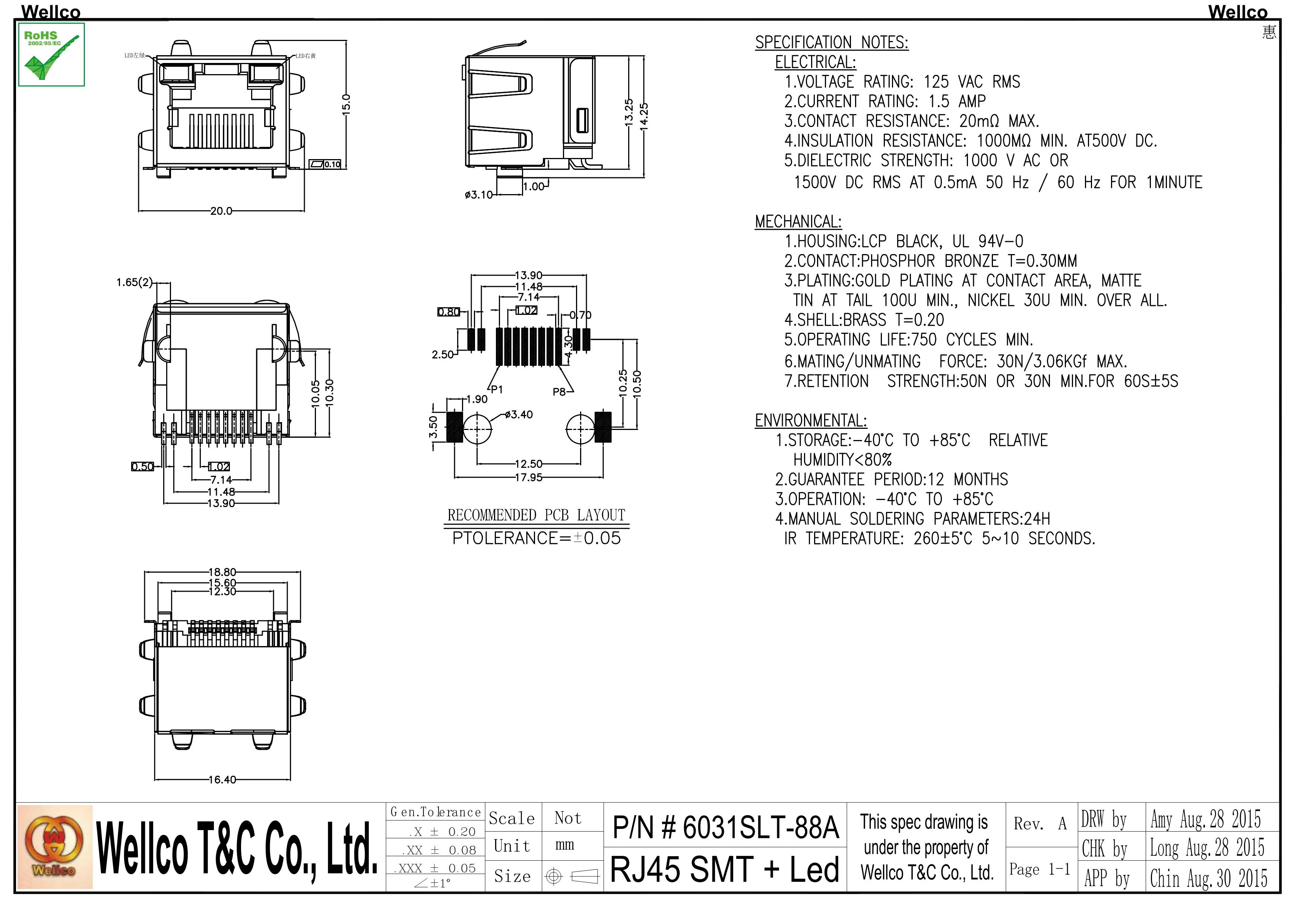 single port led 8p8c with shielding rj45 pcb modular connector