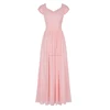 Simple Design Pink Floor Length Chiffon Lace Top Bridesmaid Dress with Cap Sleeve