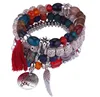 4pcs/lot Ethnic Style Beaded bracelet Retro Wings Round Pendant Multilayer Tassel Bracelet