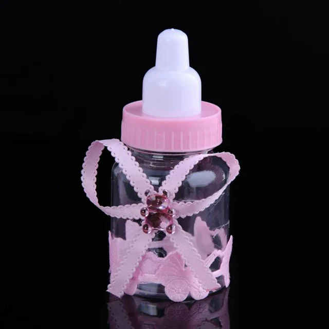 wedding or baby shower pink milk bottle with acrylic teddy bear