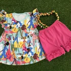 wholesale children clothing boutique clothing spring 2016 fashion women print girl flutter dresses and stripe ruffle shorts