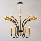 European Candle Chandelier Rustic Wrought Iron Pendant Lamp Vintage Wooden Pendant Light for Hotel Lobby