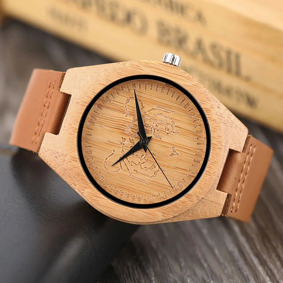 High Quality Men's Handmade Natural Wooden Watch Tiger Pattern Brown Genuine Leather Strap Quartz Wristwatch Male Sports (9)