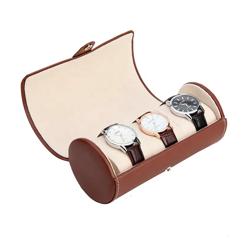 PW033 3 Slots Round Shape Leather Pillow Watch Box Case