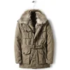 Multi Pocket Military Fur Collar Winter Long Khaki Trench Cotton Canvas Coat Men
