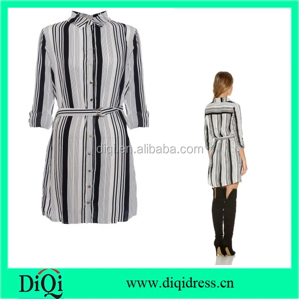 fashionable collared long sleeves women stripr shirt dress